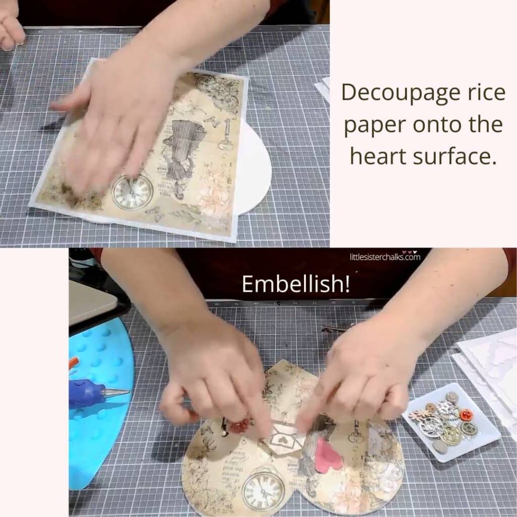 Two photos stacked on top of each other with the top being a hand pressing a piece of rice paper onto a white heart with the words "decoupage rice paper onto the heart surface" and the bottom photo showing two hands gluing down a paper envelope with the word "embellish" for the blog post "Valentine's Day Mixed Media Art Project".