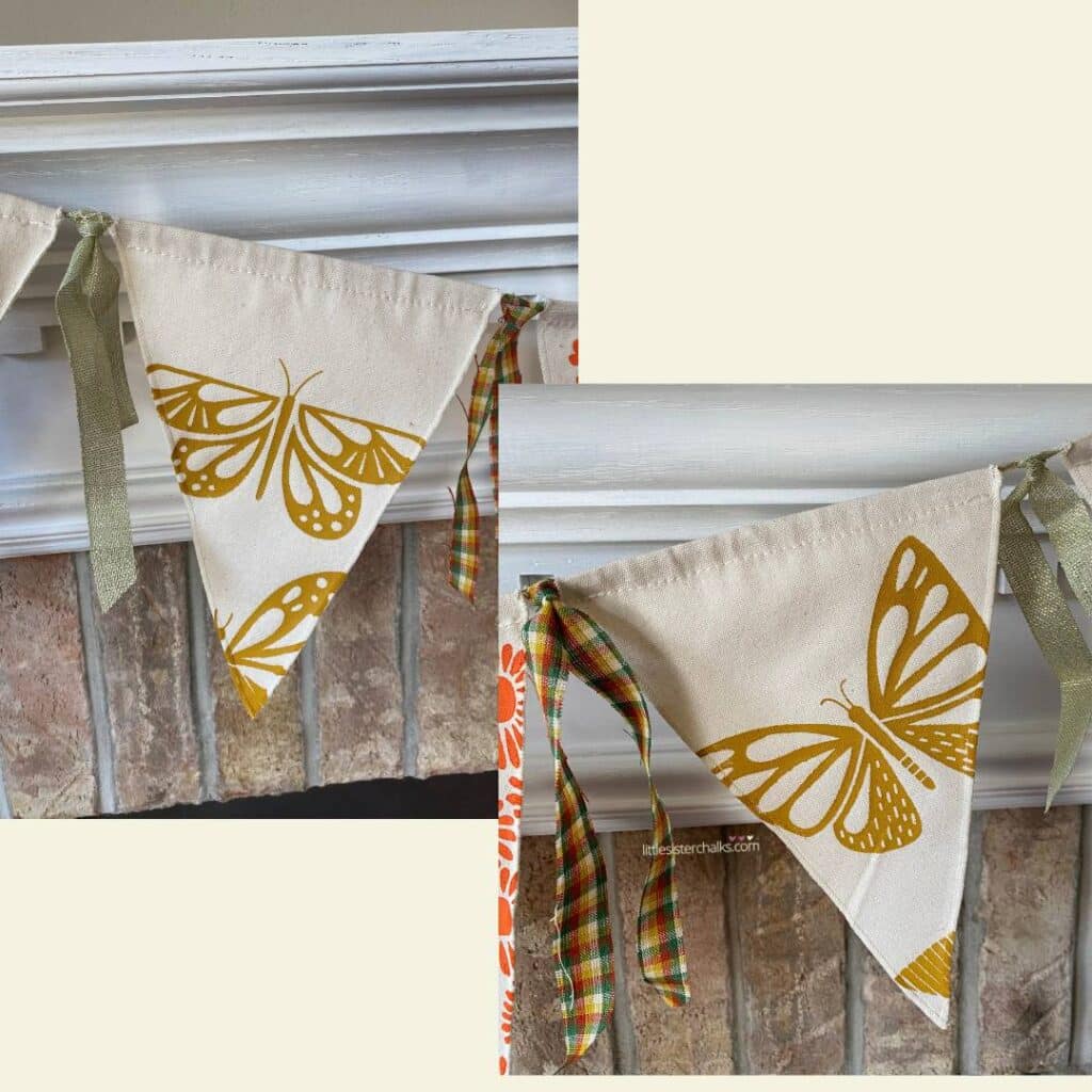 A photo of 2 pieces of a spring garland hanging from a white mantel featuring butterflies inked in mustard yellow for the blog post "Chalk Couture x Tiffani Thiessen Collaboration".
